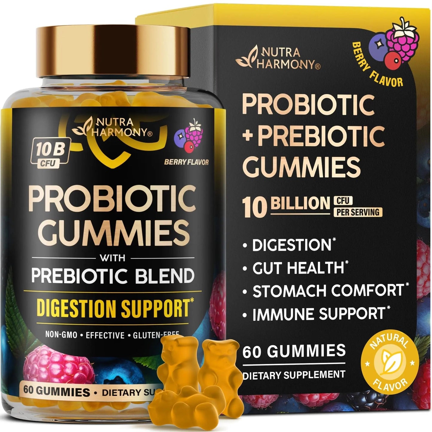 Probiotic Gummies 10B CFU with Prebiotic Fiber - Digestion & Immune Support - Debloat, Stomach & Gut Comfort - Probiotics for Women & Men - Natural Berry Flavor - Vegan & Sugar-free - 60 Gummies - Maple Wellness Supplements