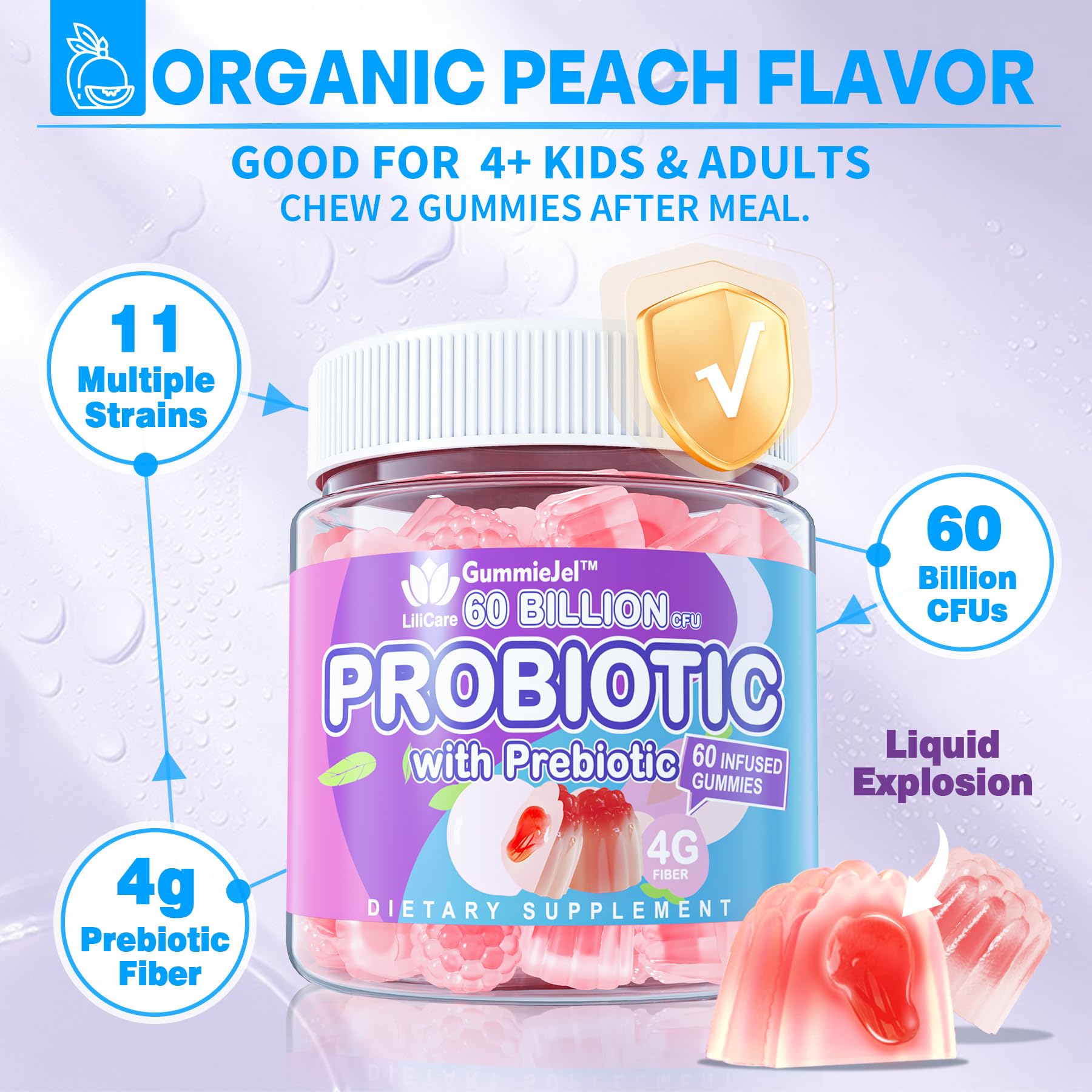 Probiotic Gummies 60 Billion CFU for Women Men & Kids, 11 Strains Probiotics + Organic Prebiotics Fiber for Immune, Digestive Health, Supports Constipation, - Maple Wellness Supplements