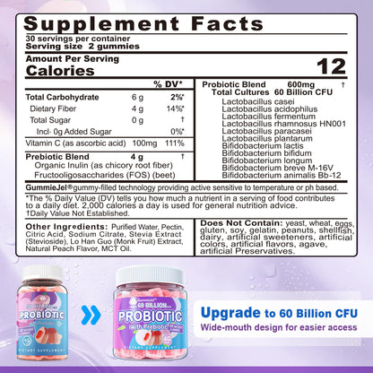 Probiotic Gummies 60 Billion CFU for Women Men & Kids, 11 Strains Probiotics + Organic Prebiotics Fiber for Immune, Digestive Health, Supports Constipation, - Maple Wellness Supplements