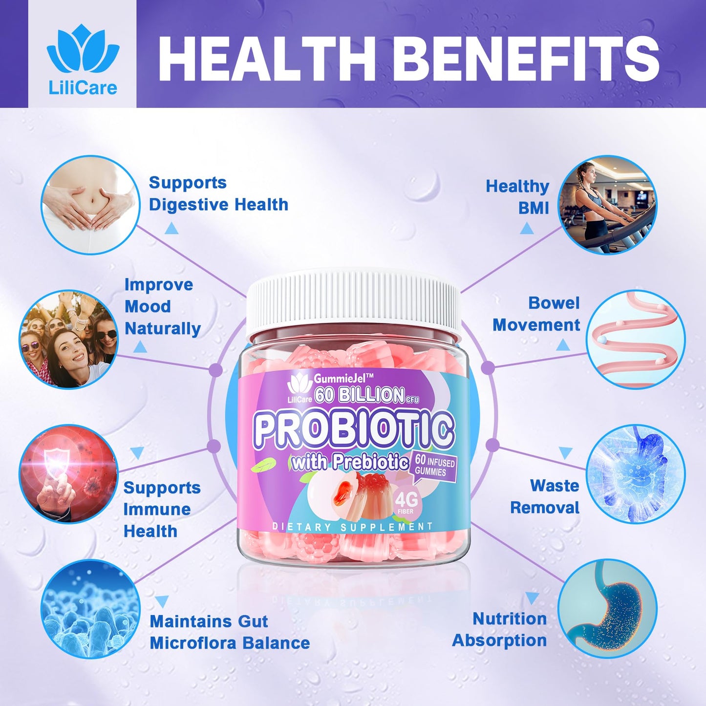 Probiotic Gummies 60 Billion CFU for Women Men & Kids, 11 Strains Probiotics + Organic Prebiotics Fiber for Immune, Digestive Health, Supports Constipation, - Maple Wellness Supplements