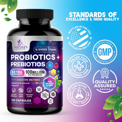 Probiotics 100 Billion CFU Per Serving - 10 Premium Strains + Prebiotics - Best Probiotic Supplement for Women & Men - Supports Immune, Digestive Health, - Maple Wellness Supplements