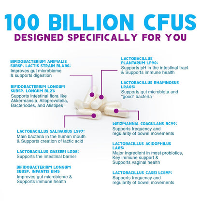 Probiotics 100 Billion CFU Per Serving - 10 Premium Strains + Prebiotics - Best Probiotic Supplement for Women & Men - Supports Immune, Digestive Health, - Maple Wellness Supplements