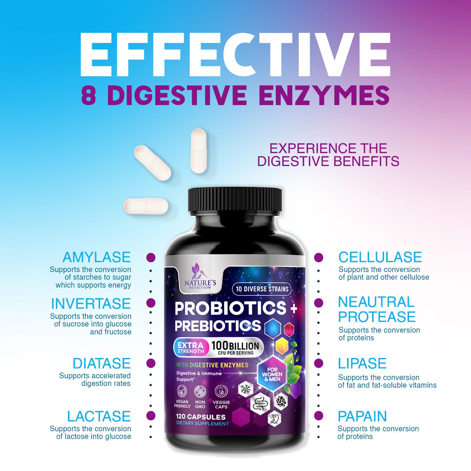 Probiotics 100 Billion CFU Per Serving - 10 Premium Strains + Prebiotics - Best Probiotic Supplement for Women & Men - Supports Immune, Digestive Health, - Maple Wellness Supplements