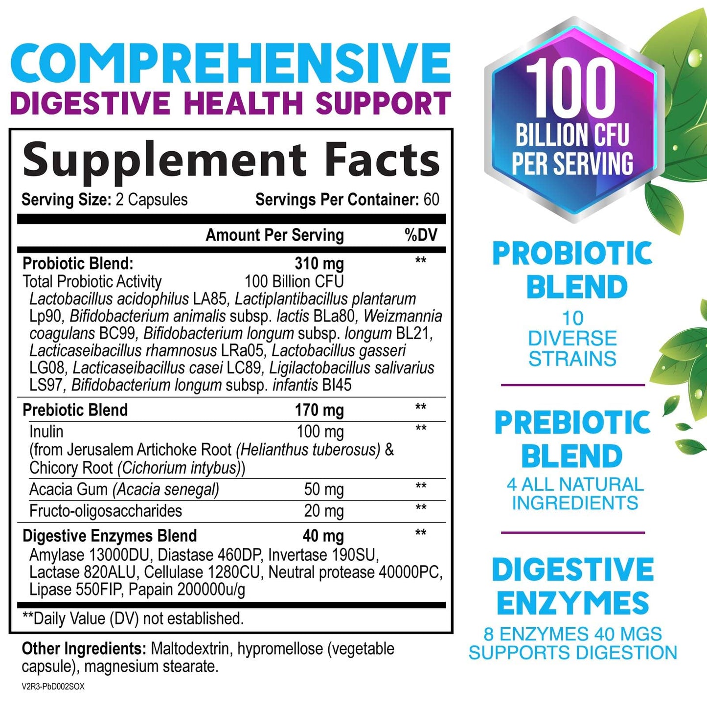 Probiotics 100 Billion CFU Per Serving - 10 Premium Strains + Prebiotics - Best Probiotic Supplement for Women & Men - Supports Immune, Digestive Health, - Maple Wellness Supplements