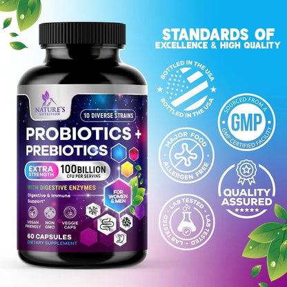 Probiotics 100 Billion CFU Per Serving - 10 Probiotic Strains & Prebiotics - Digestive Gut Health, Immune Support & Occasional Constipation, Gas & Bloating - Daily Supplement For Adults - 60 Capsules - Maple Wellness Supplements