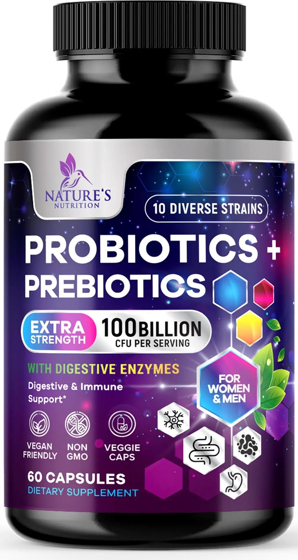Probiotics 100 Billion CFU Per Serving - 10 Probiotic Strains & Prebiotics - Digestive Gut Health, Immune Support & Occasional Constipation, Gas & Bloating - Daily Supplement For Adults - 60 Capsules - Maple Wellness Supplements