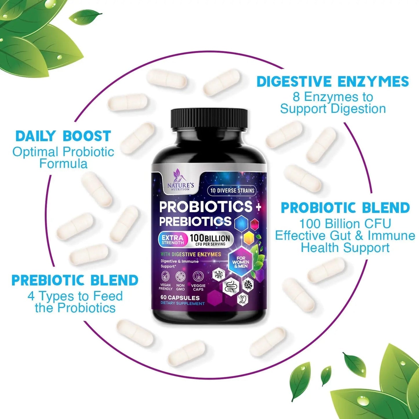 Probiotics 100 Billion CFU Per Serving - 10 Probiotic Strains & Prebiotics - Digestive Gut Health, Immune Support & Occasional Constipation, Gas & Bloating - Daily Supplement For Adults - 60 Capsules - Maple Wellness Supplements