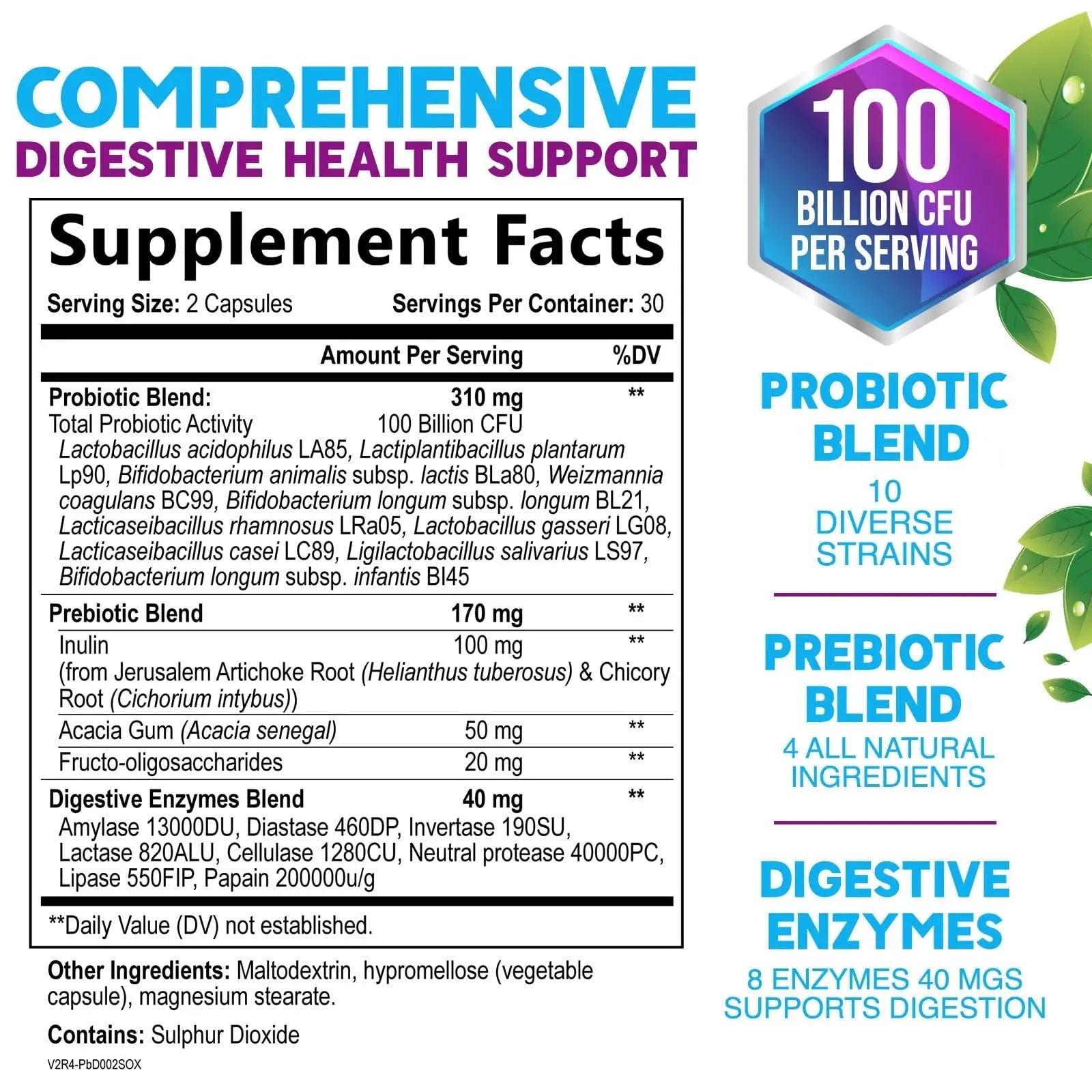 Probiotics 100 Billion CFU Per Serving - 10 Probiotic Strains & Prebiotics - Digestive Gut Health, Immune Support & Occasional Constipation, Gas & Bloating - Daily Supplement For Adults - 60 Capsules - Maple Wellness Supplements