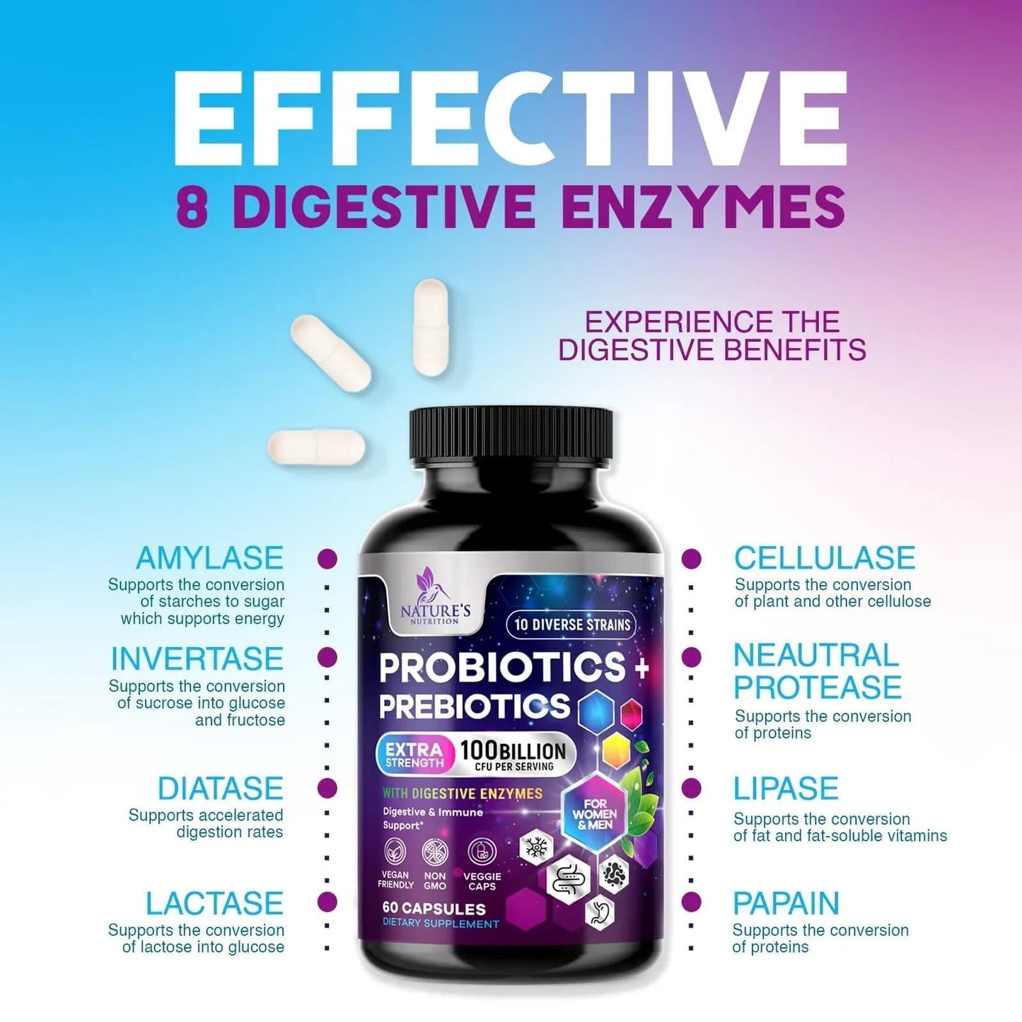 Probiotics 100 Billion CFU Per Serving - 10 Probiotic Strains & Prebiotics - Digestive Gut Health, Immune Support & Occasional Constipation, Gas & Bloating - Daily Supplement For Adults - 60 Capsules - Maple Wellness Supplements