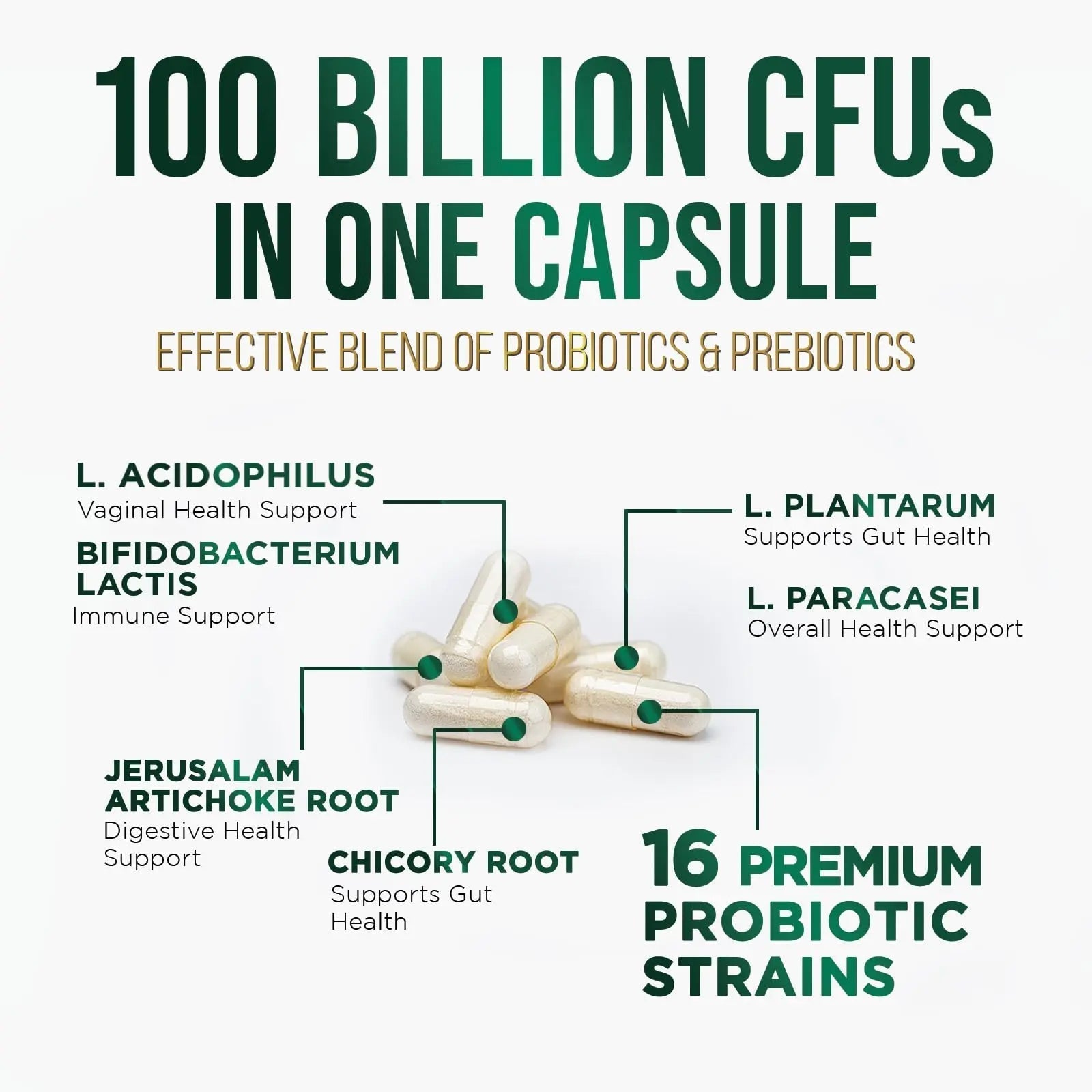 Probiotics 100 Billion CFU Per Serving - 16 Premium Probiotic Strains Prebiotics - Immune Support, Gut Health, Occasional Constipation, Gas & Bloating, Probiotics Supplement, USA Bottled, 60 Capsules - Maple Wellness Supplements