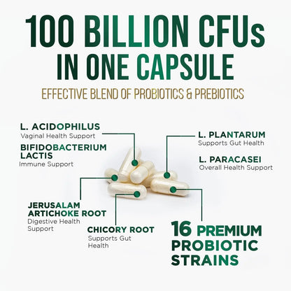 Probiotics 100 Billion CFU Per Serving - 16 Premium Probiotic Strains Prebiotics - Immune Support, Gut Health, Occasional Constipation, Gas & Bloating, Probiotics Supplement, USA Bottled, 60 Capsules - Maple Wellness Supplements
