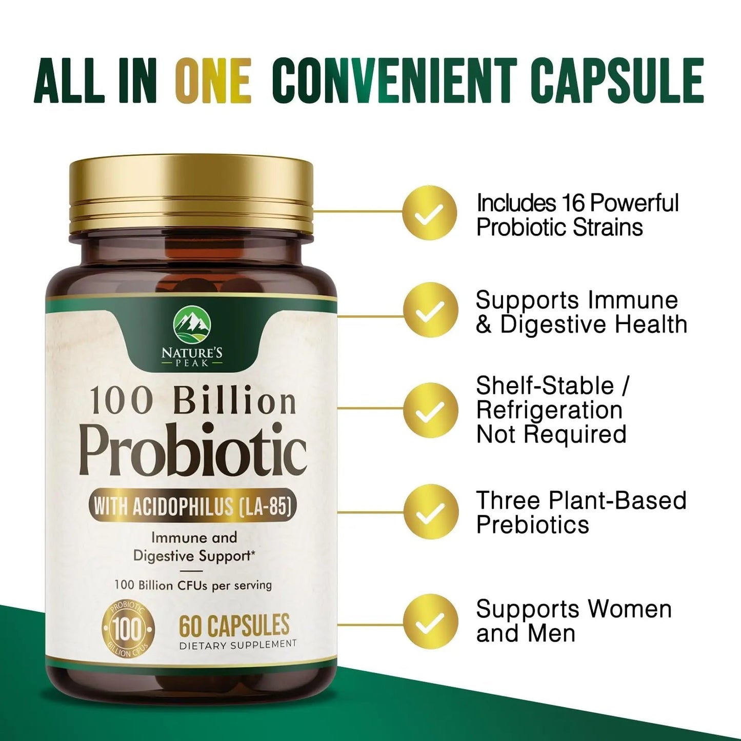 Probiotics 100 Billion CFU Per Serving - 16 Premium Probiotic Strains Prebiotics - Immune Support, Gut Health, Occasional Constipation, Gas & Bloating, Probiotics Supplement, USA Bottled, 60 Capsules - Maple Wellness Supplements