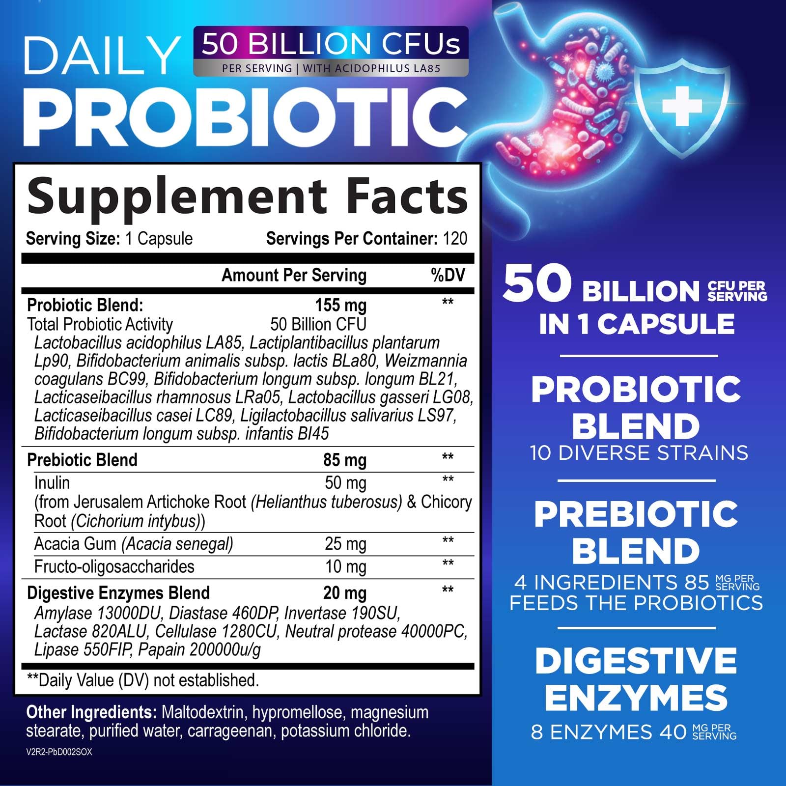 Probiotics 50 Billion CFU Per Serving - 10 Premium Strains + Digestive Enzymes & Prebiotics - Best Probiotic for Women & Men, Supports Immune, - Maple Wellness Supplements