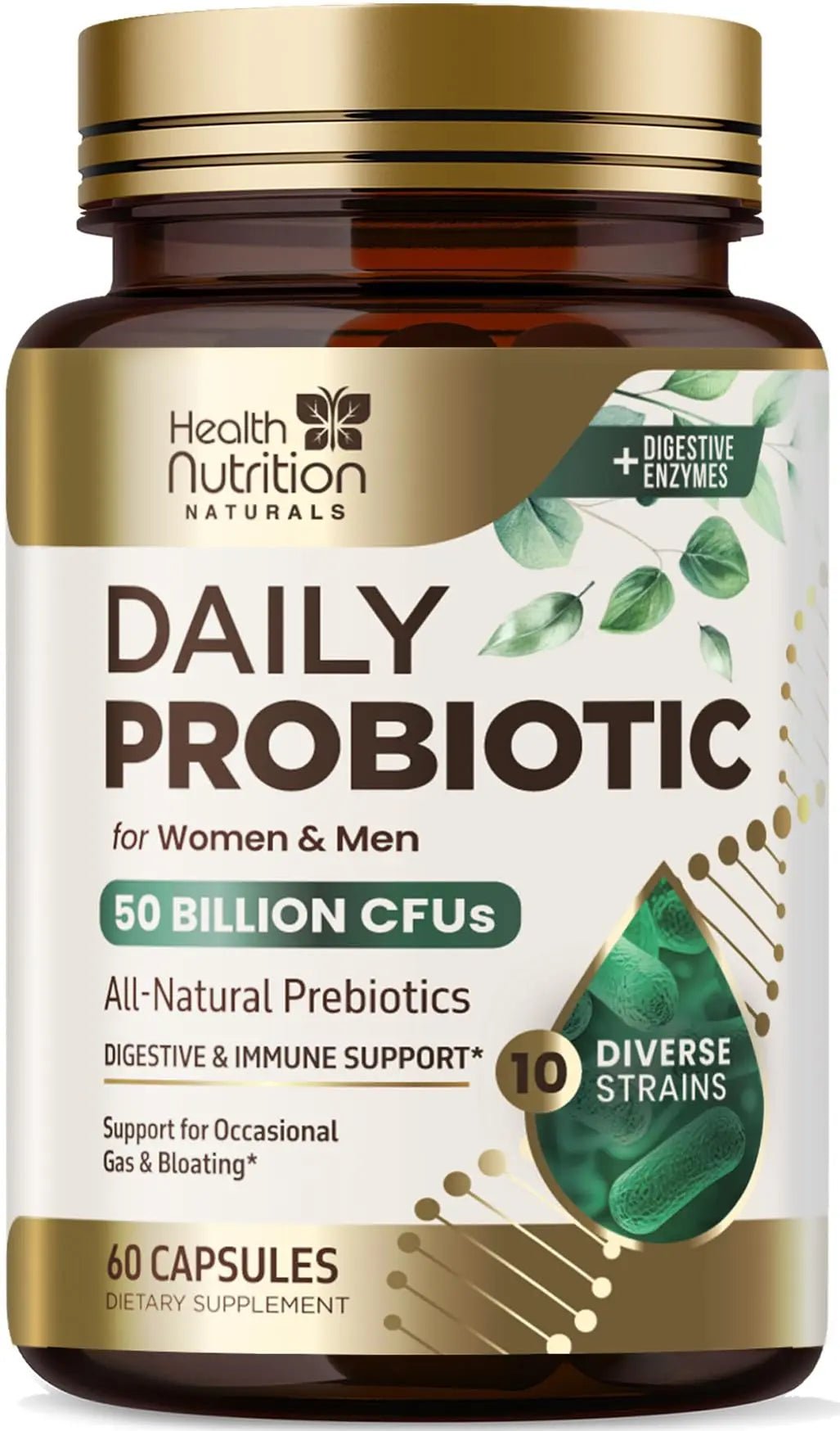 Probiotics 50 Billion CFU per Serving - 10 Strains + Prebiotics - Digestive Health, Gut & Immune Support - Occasional Constipation, Gas & Bloating Support for Women & Men, Bottled USA - 60 Capsules - Maple Wellness Supplements