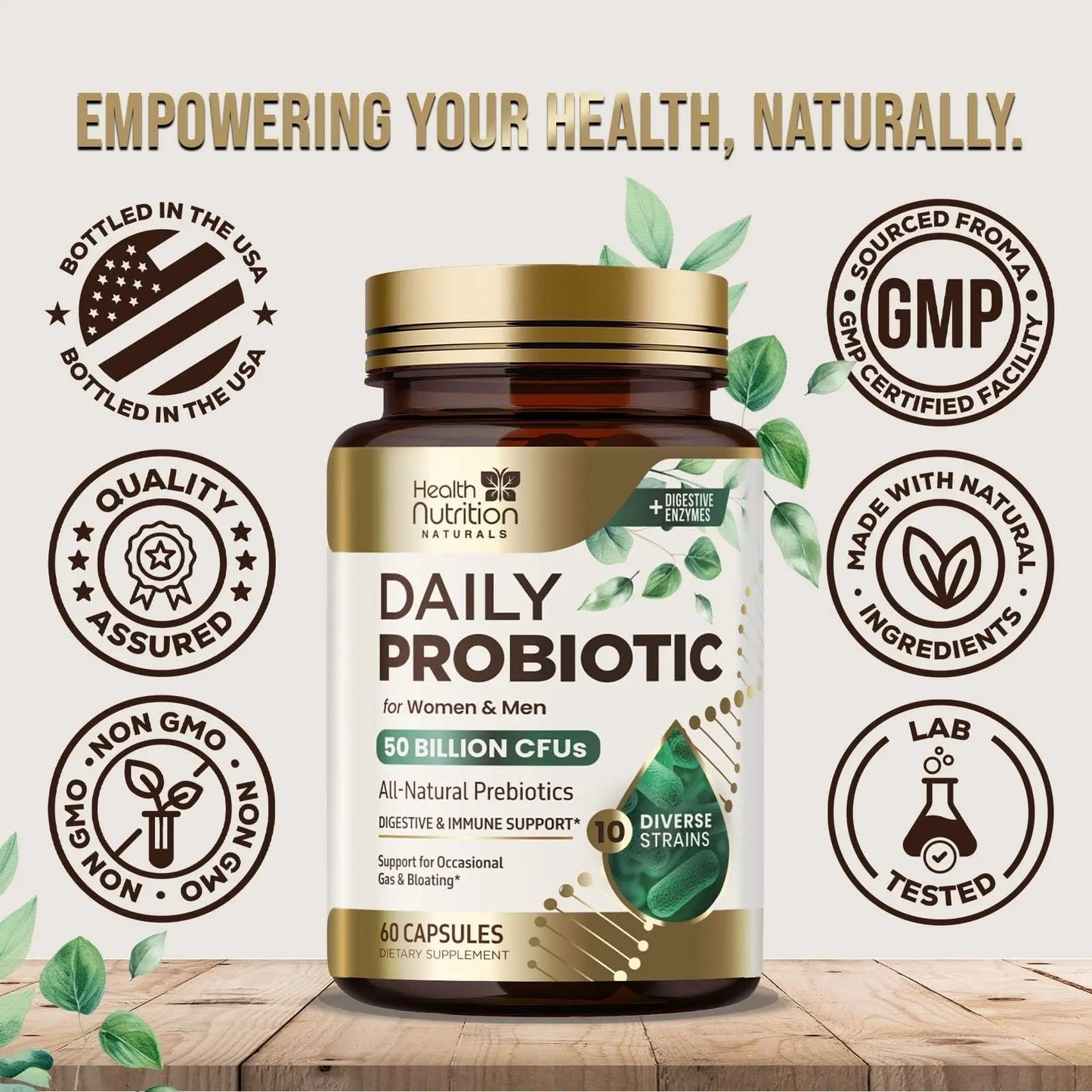 Probiotics 50 Billion CFU per Serving - 10 Strains + Prebiotics - Digestive Health, Gut & Immune Support - Occasional Constipation, Gas & Bloating Support for Women & Men, Bottled USA - 60 Capsules - Maple Wellness Supplements