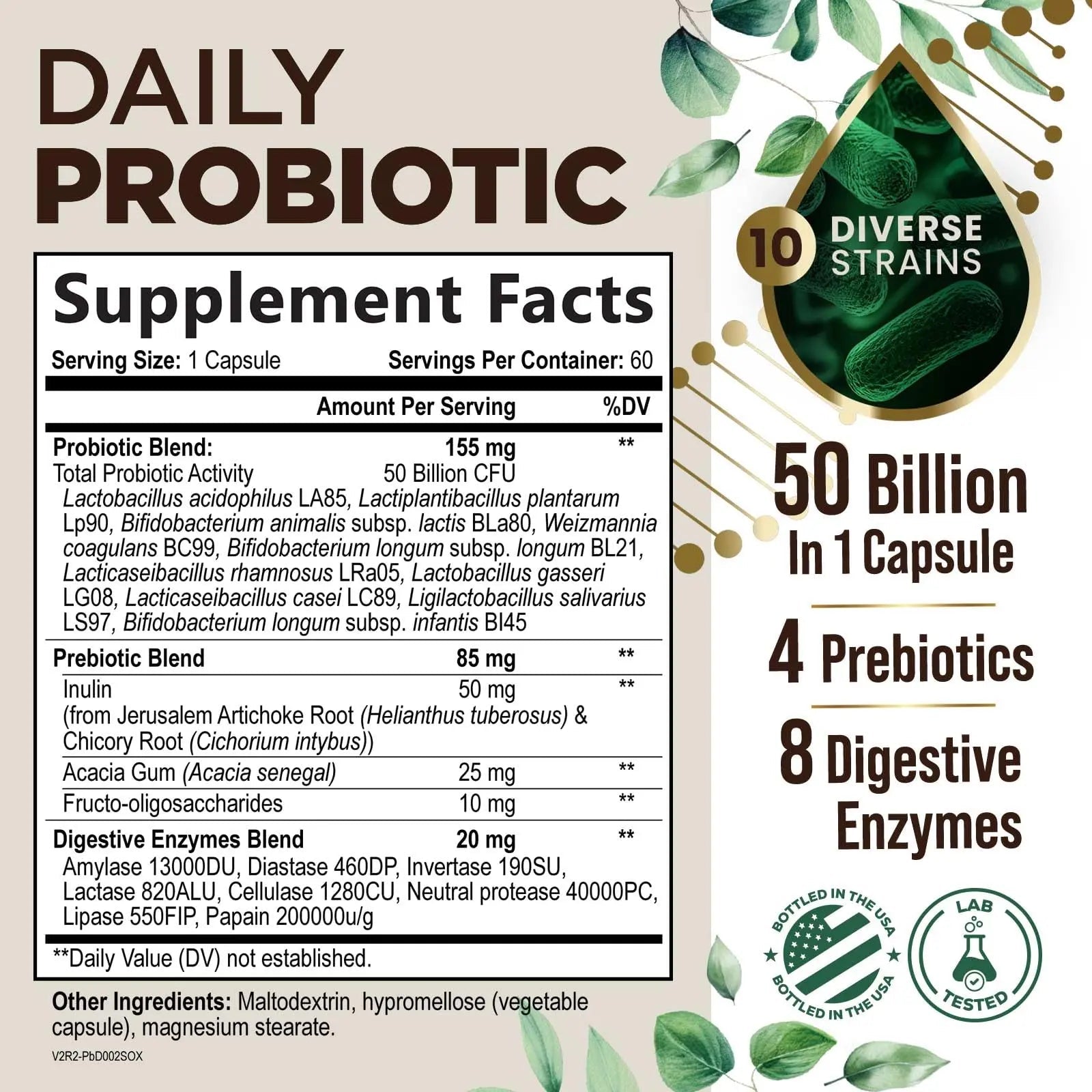 Probiotics 50 Billion CFU per Serving - 10 Strains + Prebiotics - Digestive Health, Gut & Immune Support - Occasional Constipation, Gas & Bloating Support for Women & Men, Bottled USA - 60 Capsules - Maple Wellness Supplements