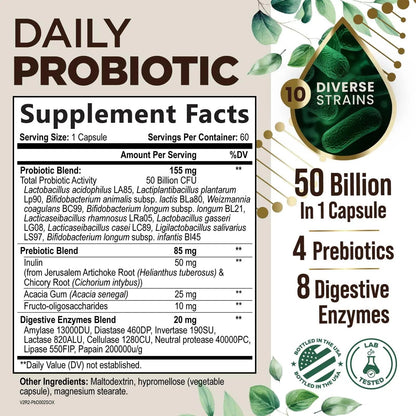 Probiotics 50 Billion CFU per Serving - 10 Strains + Prebiotics - Digestive Health, Gut & Immune Support - Occasional Constipation, Gas & Bloating Support for Women & Men, Bottled USA - 60 Capsules - Maple Wellness Supplements