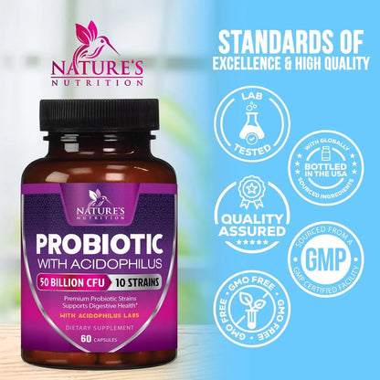 Probiotics 50 Billion CFU per Serving - 10 Strains + Prebiotics - Digestive Health, Gut & Immune Support - Supports Occasional Constipation, Gas & Bloating for Women & Men Shelf Stable - 60 Capsules - Maple Wellness Supplements