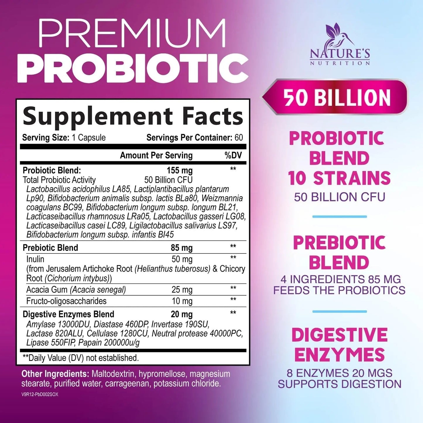 Probiotics 50 Billion CFU per Serving - 10 Strains + Prebiotics - Digestive Health, Gut & Immune Support - Supports Occasional Constipation, Gas & Bloating for Women & Men Shelf Stable - 60 Capsules - Maple Wellness Supplements