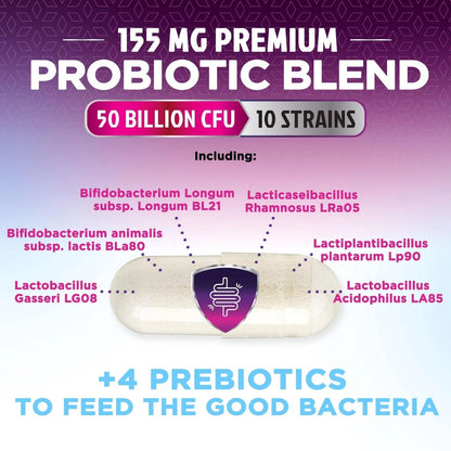 Probiotics 50 Billion CFU per Serving - 10 Strains + Prebiotics - Digestive Health, Gut & Immune Support - Supports Occasional Constipation, Gas & Bloating for Women & Men Shelf Stable - 60 Capsules - Maple Wellness Supplements