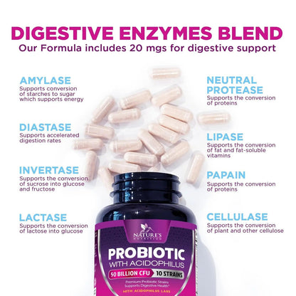 Probiotics 50 Billion CFU per Serving - 10 Strains + Prebiotics - Digestive Health, Gut & Immune Support - Supports Occasional Constipation, Gas & Bloating for Women & Men Shelf Stable - 60 Capsules - Maple Wellness Supplements