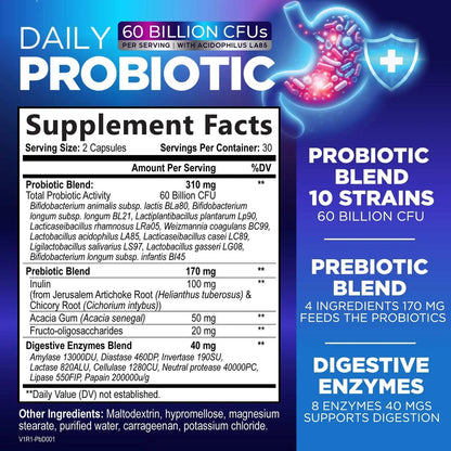 Probiotics 60 Billion CFU - 10 Strains + Digestive Enzymes & Prebiotics - Best Probiotic for Women & Men, Supports Immune, Gut Health, Occasional Constipation, Diarrhea, Gas & Bloating - 60 Capsules - Maple Wellness Supplements