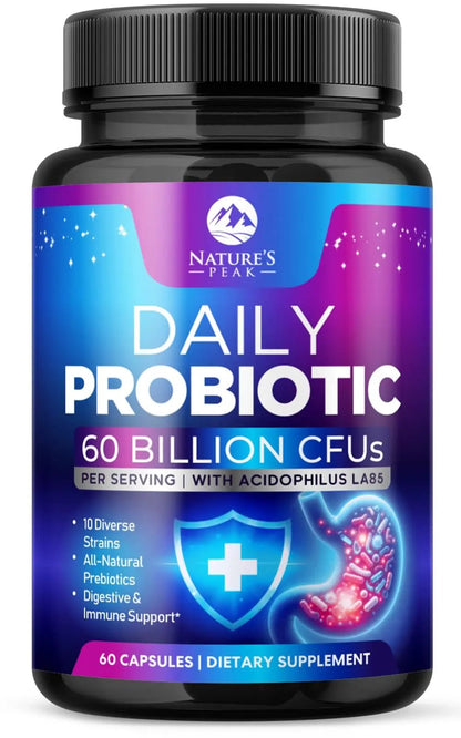 Probiotics 60 Billion CFU - 10 Strains + Digestive Enzymes & Prebiotics - Best Probiotic for Women & Men, Supports Immune, Gut Health, Occasional Constipation, Diarrhea, Gas & Bloating - 60 Capsules - Maple Wellness Supplements