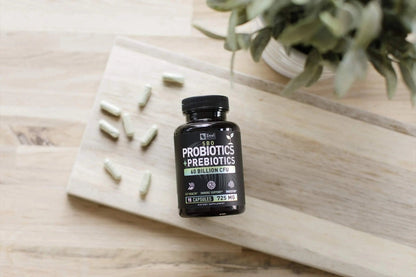 Probiotics and Prebiotics + SBO Probiotics (60 Billion CFU | 90 Capsules) Acidophilus Probiotic w. Saccharomyces Boulardii, Bifidobacterium + Spore Probiotic & Organic Sprouted Prebiotic Fiber Blend - Maple Wellness Supplements