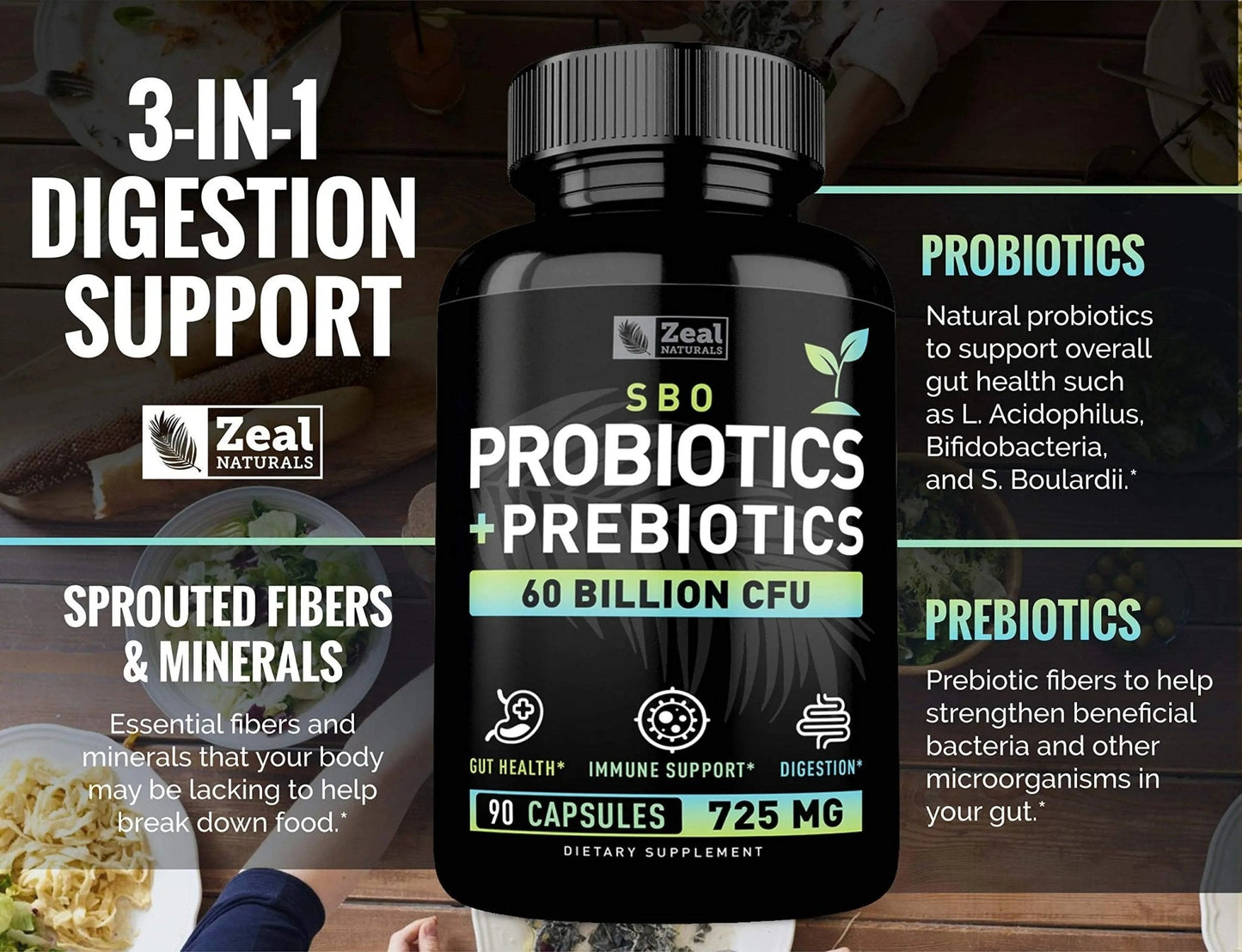 Probiotics and Prebiotics + SBO Probiotics (60 Billion CFU | 90 Capsules) Acidophilus Probiotic w. Saccharomyces Boulardii, Bifidobacterium + Spore Probiotic & Organic Sprouted Prebiotic Fiber Blend - Maple Wellness Supplements