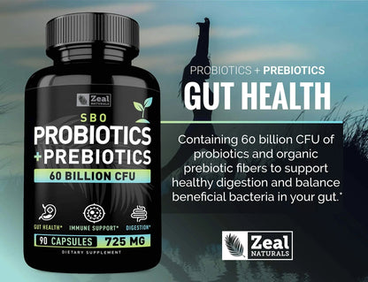 Probiotics and Prebiotics + SBO Probiotics (60 Billion CFU | 90 Capsules) Acidophilus Probiotic w. Saccharomyces Boulardii, Bifidobacterium + Spore Probiotic & Organic Sprouted Prebiotic Fiber Blend - Maple Wellness Supplements
