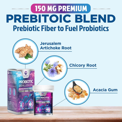 Probiotics for Digestive Gut Health - 100 Billion CFU Per Capsule, 16 Premium Strains & Prebiotics - Best Probiotics for Women & Men, Occasional Constipation - Maple Wellness Supplements