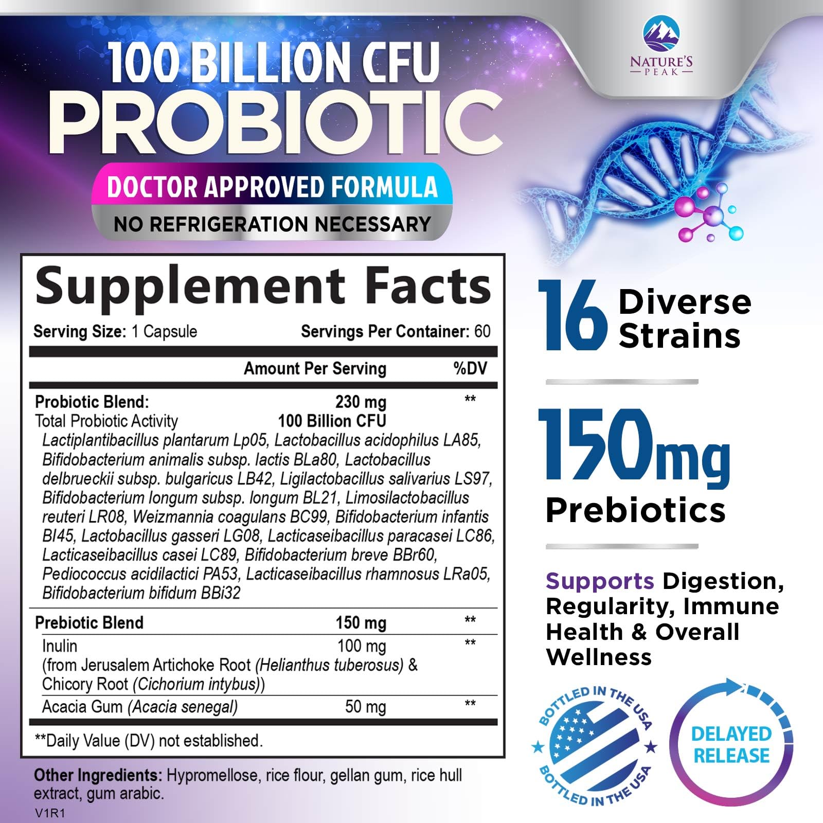 Probiotics for Digestive Gut Health - 100 Billion CFU Per Capsule, 16 Premium Strains & Prebiotics - Best Probiotics for Women & Men, Occasional Constipation - Maple Wellness Supplements