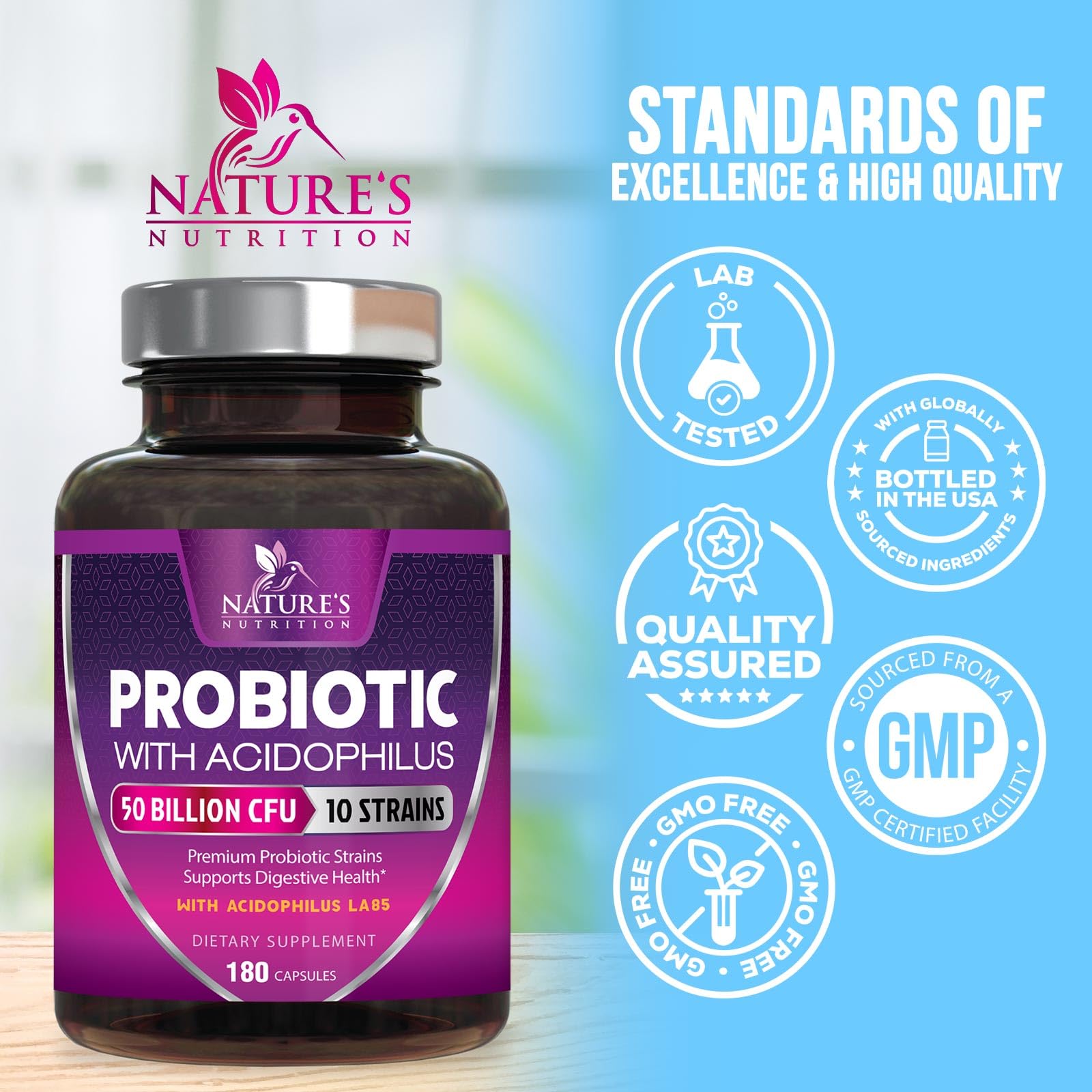 Probiotics for Digestive Gut Health - 50 Billion CFU Per Capsule, 10 Premium Strains & Prebiotics - Best Probiotics for Women & Men, Occasional Constipation, Gas, Immune Health Support - 180 Capsules - Maple Wellness Supplements