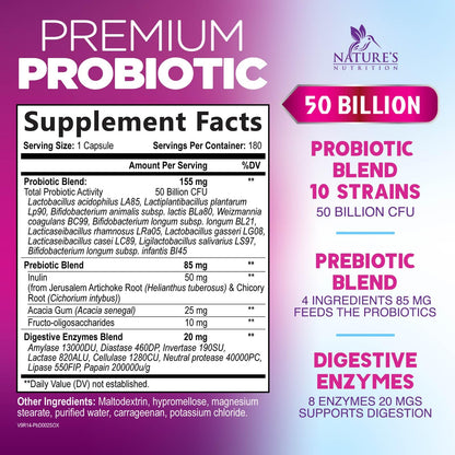 Probiotics for Digestive Gut Health - 50 Billion CFU Per Capsule, 10 Premium Strains & Prebiotics - Best Probiotics for Women & Men, Occasional Constipation, Gas, Immune Health Support - 180 Capsules - Maple Wellness Supplements