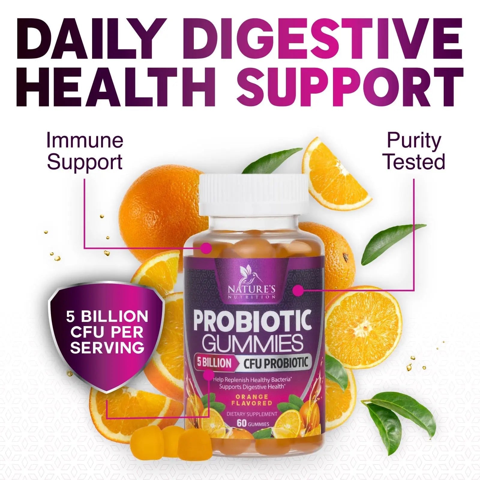 Probiotics for Digestive Health Gummies 5 Billion CFU - 6 Unique Strains for Daily Immune Support & Gut Health, Constipation, Gas & Bloating - Best Probiotic Supplement for Women & Men - 60 Gummies - Maple Wellness Supplements