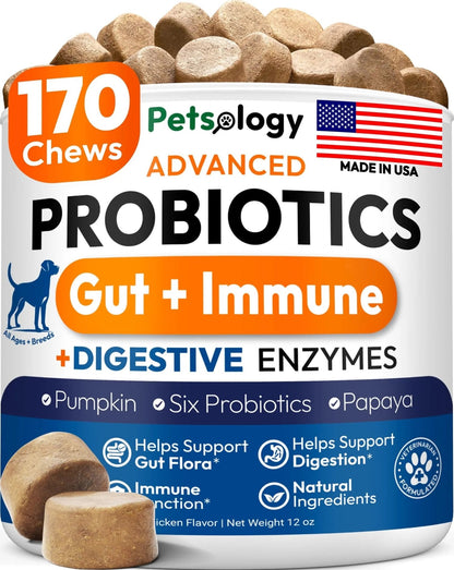 Probiotics for Dogs - 170 Dog Probiotics Chews - Digestive Enzymes & Prebiotics - Support Gut Health, Diarrhea, Gas & Constipation Relief - Itchy Skin, Allergies, Yeast Balance - Advanced Supplement - Maple Wellness Supplements