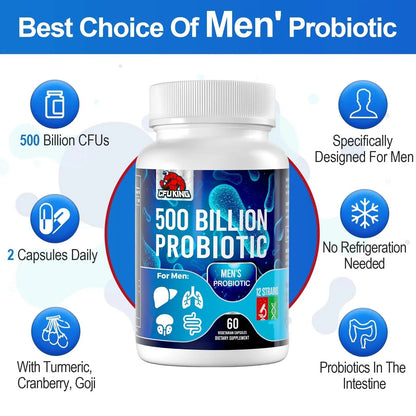 Probiotics for Men, 500 Billion CFU & 12 Mens Probiotic for Digestive Health + 4 Organic Prebiotic Fiber, for Digestive, Gut, Immune Health, Bloating, Gas, Energy Support, Shelf Stable - 120 Capsules - Maple Wellness Supplements