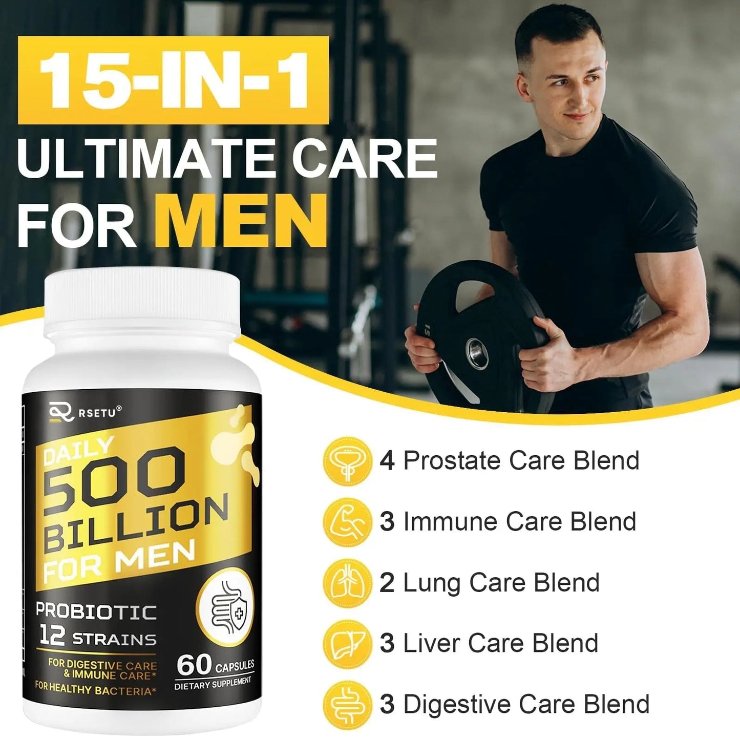 Probiotics for Men, 500 Billion CFUs & 12 Strains Mens Probiotic with Turmeric Cranberry, Goji, Gut Health for Men, for Digestive Health, Gut, Bloating & Gas, Immune, Energy Support, 120-Day Supply - Maple Wellness Supplements
