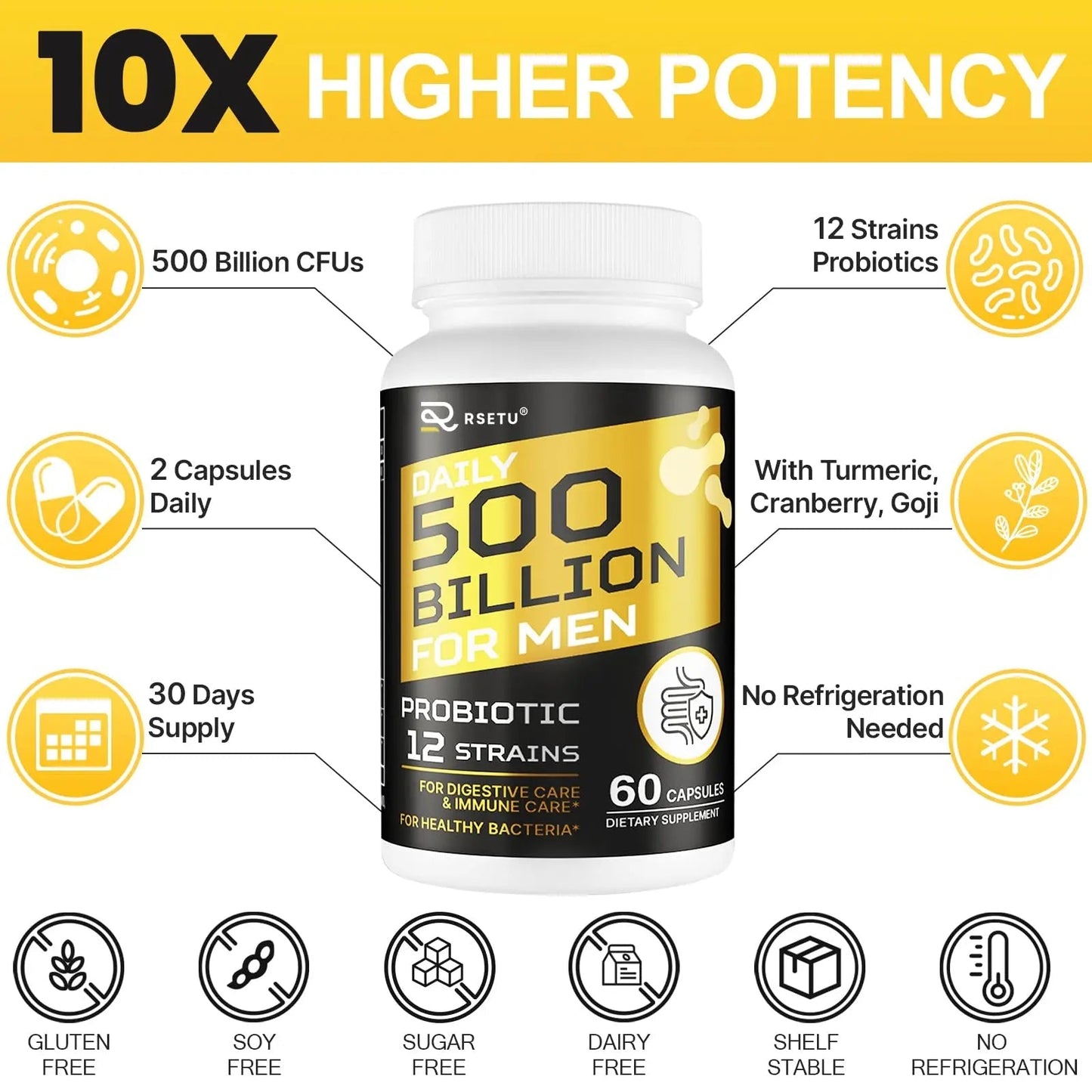 Probiotics for Men, 500 Billion CFUs & 12 Strains Mens Probiotic with Turmeric Cranberry, Goji, Gut Health for Men, for Digestive Health, Gut, Bloating & Gas, Immune, Energy Support, 120-Day Supply - Maple Wellness Supplements