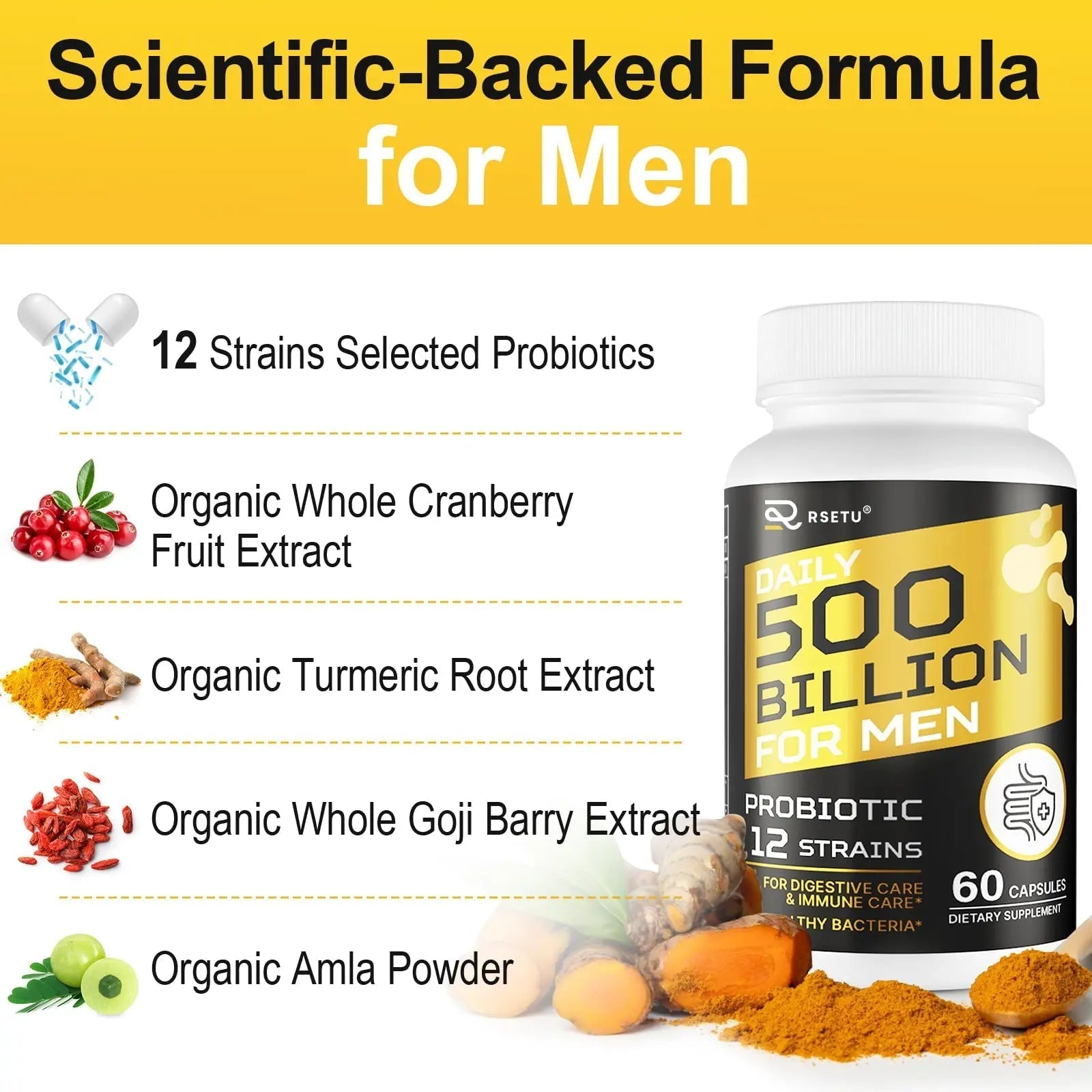 Probiotics for Men, 500 Billion CFUs & 12 Strains Mens Probiotic with Turmeric Cranberry, Goji, Gut Health for Men, for Digestive Health, Gut, Bloating & Gas, Immune, Energy Support, 120-Day Supply - Maple Wellness Supplements