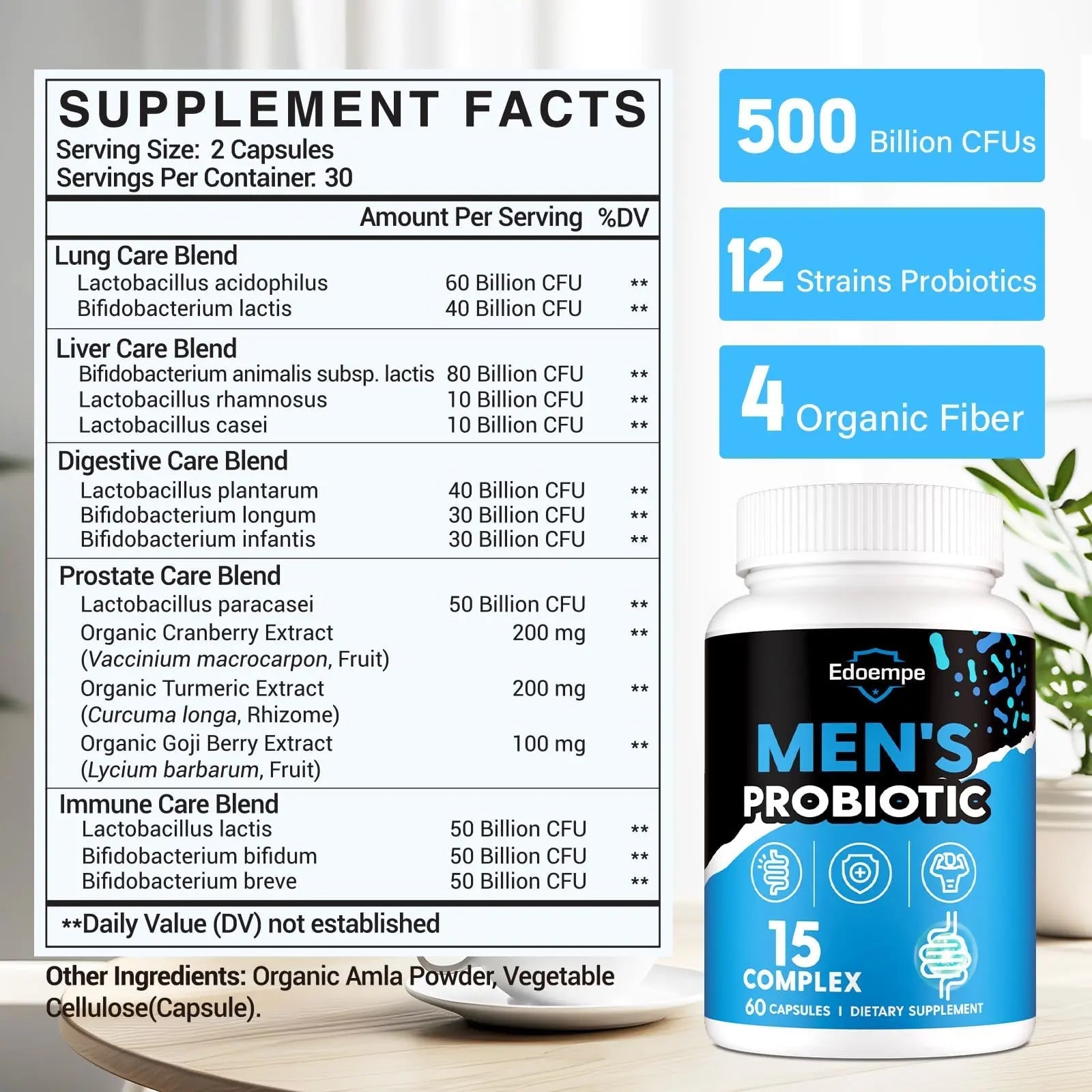 Probiotics for Men, 500 Billion CFUs 12 Strains, Mens Probiotics for Gut Health*, Digestive Health*, Energy, Prostate & Urinary Tract*, with Cranberry, Goji, Turmeric & Amla, Shelf Stable, 60 Caps - Maple Wellness Supplements