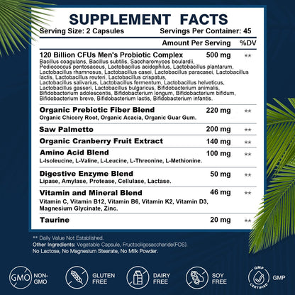Probiotics for Men Digestive Health, 120 Billion CFUs Mens Probiotic with Digestive Enzymes & Prebiotics & Saw Palmetto & Cranberry for Gut, Prostate & Urinary - Maple Wellness Supplements