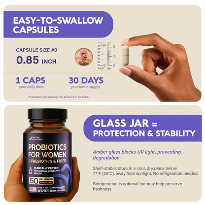 Probiotics for Women 50 Billion CFU - Vaginal Probiotics Clinically Proven for Yeast & pH Balance - Digestion & Bloating Relief - 8 Strains + Prebiotics - Delay Release - Made in USA, 30 Capsules - Maple Wellness Supplements
