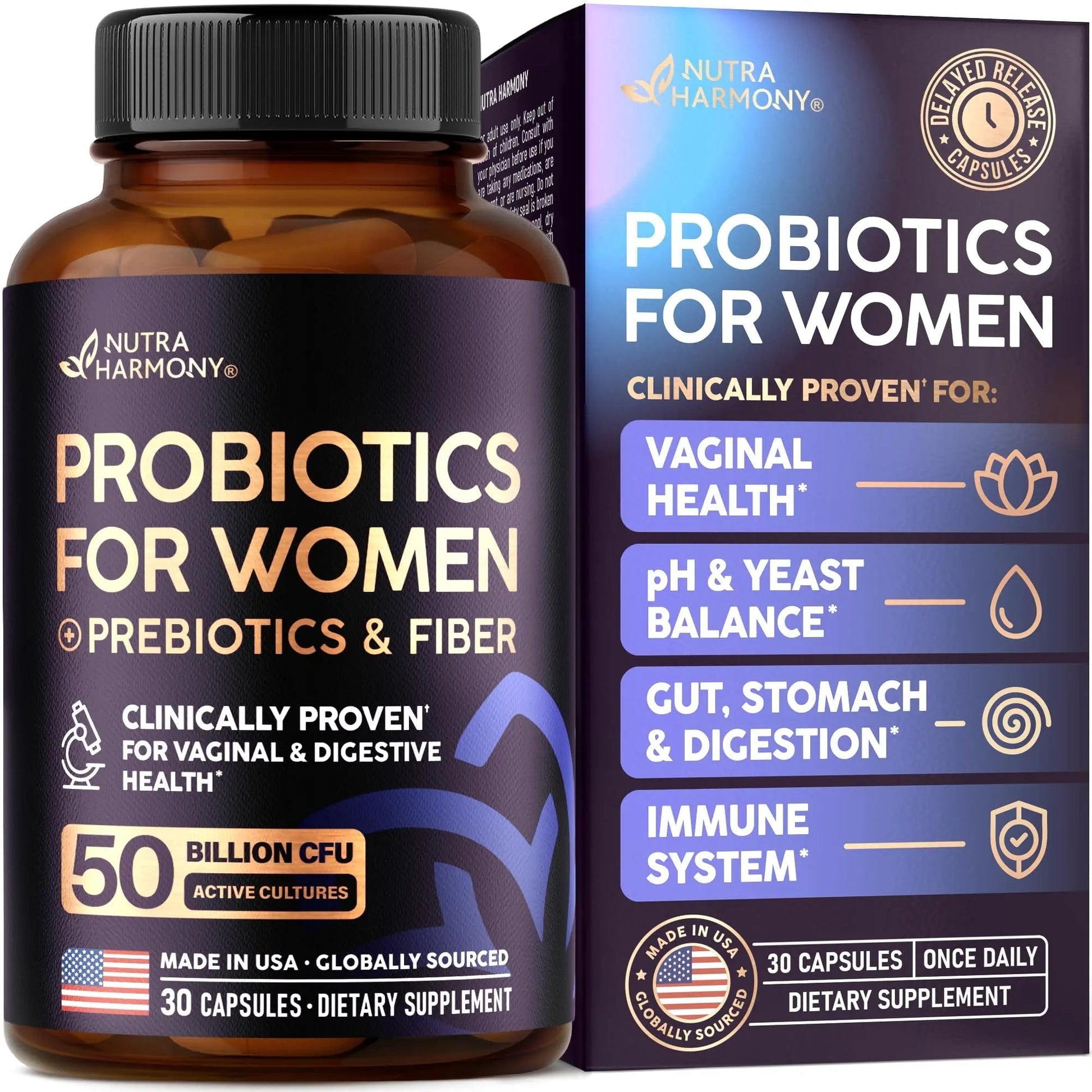 Probiotics for Women 50 Billion CFU - Vaginal Probiotics Clinically Proven for Yeast & pH Balance - Digestion & Bloating Relief - 8 Strains + Prebiotics - Delay Release - Made in USA, 30 Capsules - Maple Wellness Supplements