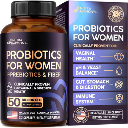 Probiotics for Women 50 Billion CFU - Vaginal Probiotics Clinically Proven for Yeast & pH Balance - Digestion & Bloating Relief - 8 Strains + Prebiotics - Delay Release - Made in USA, 30 Capsules - Maple Wellness Supplements