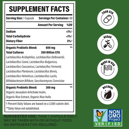 Probiotics for Women & Men, 200 Billion CFU 12 Strains with 3 Organic Prebiotics and Probiotics for Digestive Health Gut, Immune, Bloating & Gas, Energy, Overall Health, Shelf Stable - 2 Month Supply - Maple Wellness Supplements