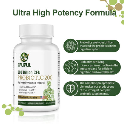 Probiotics for Women & Men, 200 Billion CFU 12 Strains with 3 Organic Prebiotics and Probiotics for Digestive Health Gut, Immune, Bloating & Gas, Energy, Overall Health, Shelf Stable - 2 Month Supply - Maple Wellness Supplements