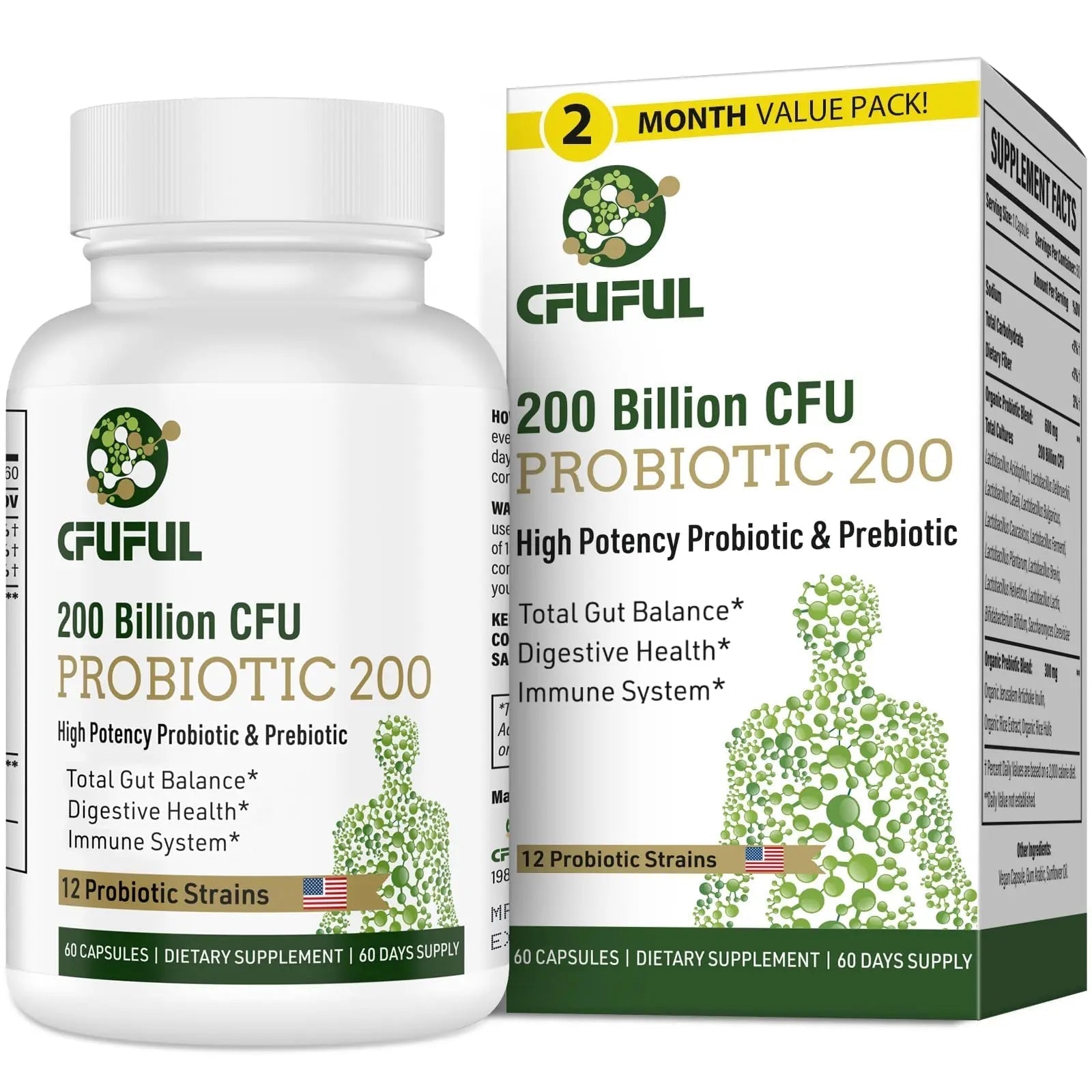 Probiotics for Women & Men, 200 Billion CFU 12 Strains with 3 Organic Prebiotics and Probiotics for Digestive Health Gut, Immune, Bloating & Gas, Energy, Overall Health, Shelf Stable - 2 Month Supply - Maple Wellness Supplements