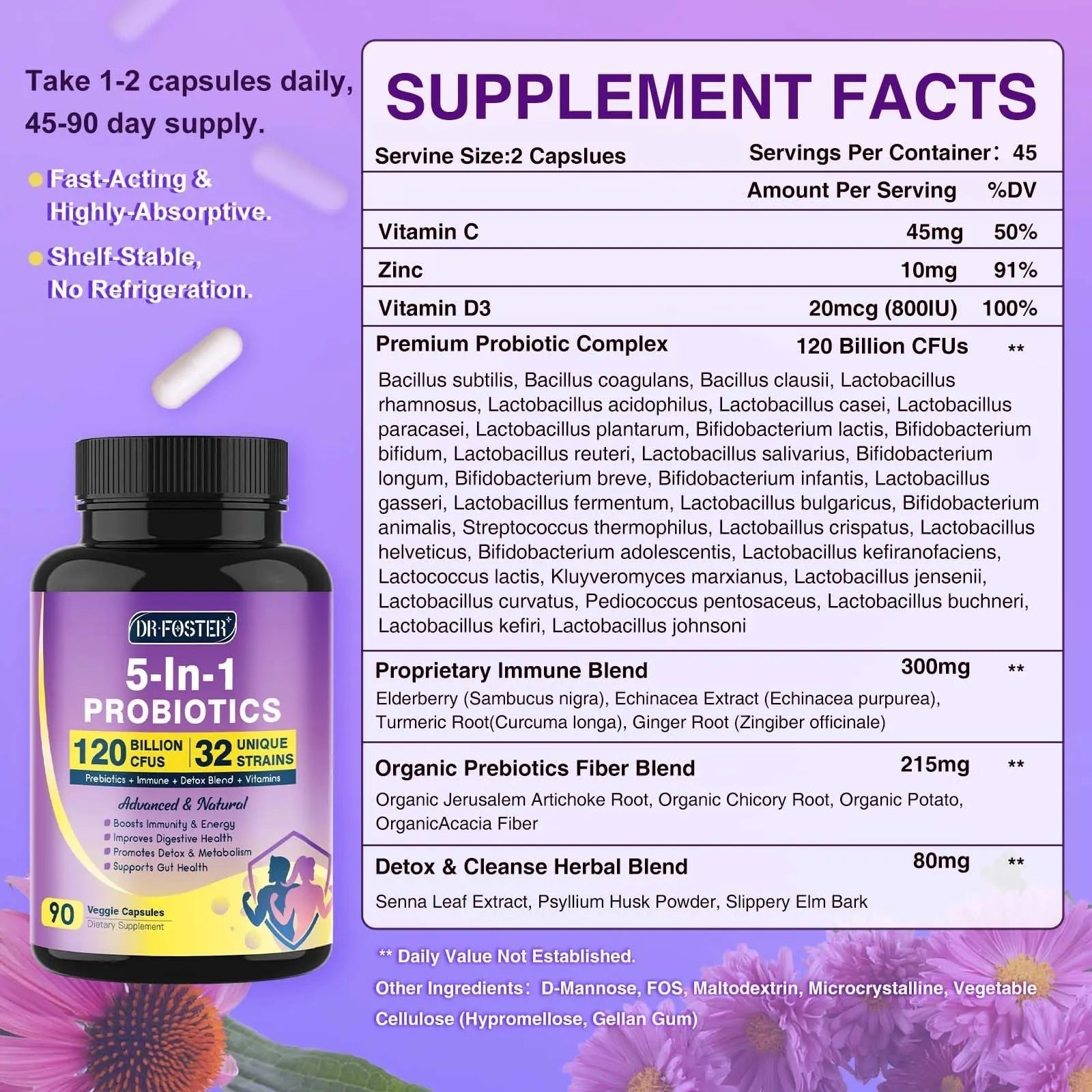 Probiotics for Women & Men Digestive Health，120 Billion CFUs, Prebiotics and Probiotics for Gut Health, D3, Zinc & Immune Support Herbs, Detox Cleanse, 45 Day - 3 Month Supply - Maple Wellness Supplements