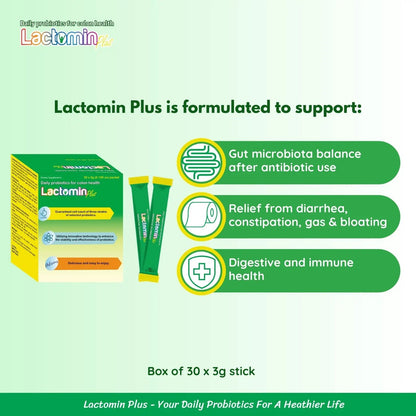 Probiotics - LactominPlus-3 Probiotics Strains - Powder - Sweet Yogurt Flavor - 30 Sticks x 3g (1month), 1.5 Billion CFU, with Prebiotics(FOS), Constipation & Bloating Relief, Microencapsulated - Maple Wellness Supplements